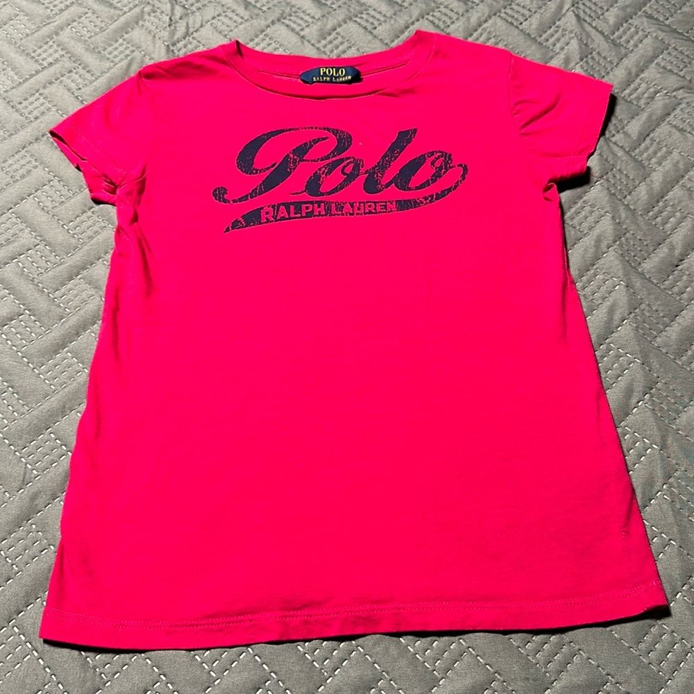 Ralph Lauren Polo Girls Distressed Hot Pink Tee, EUC, Size Medium  (8-10)